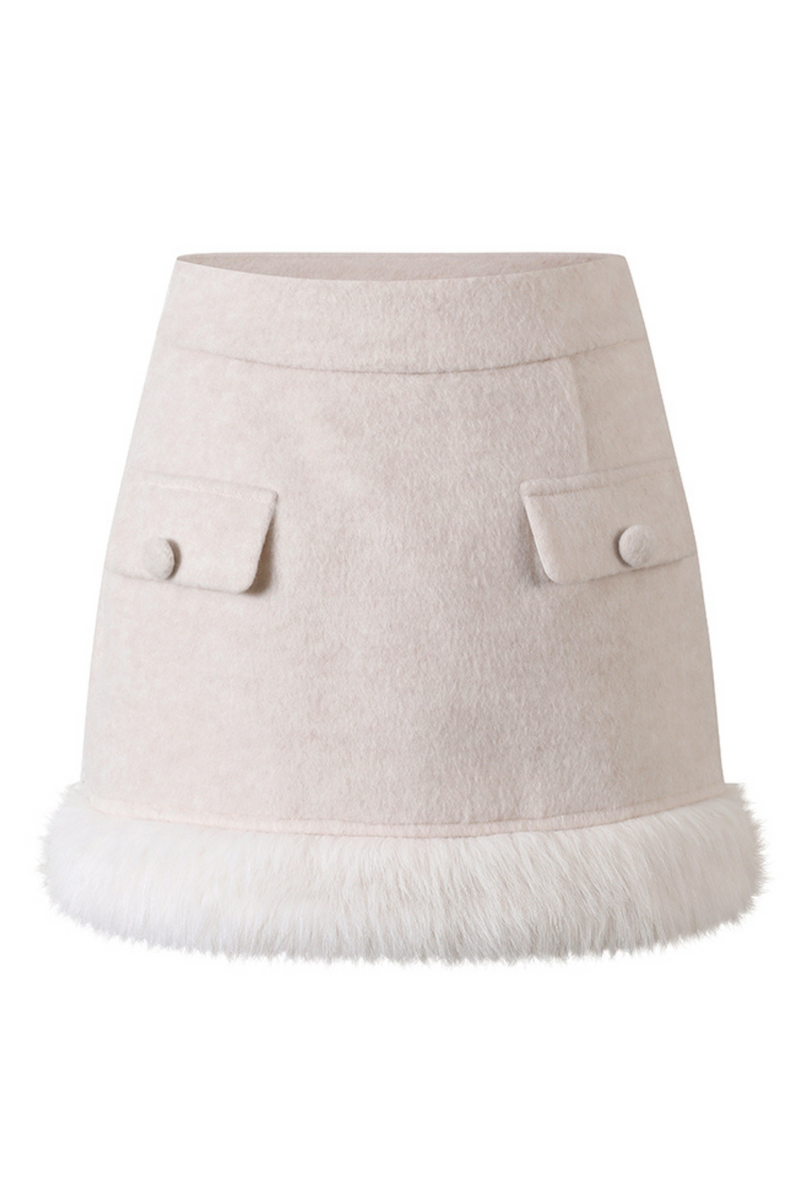 Sweet Girly Fur Waist Ribbon Coat + Fur Tight Skirt