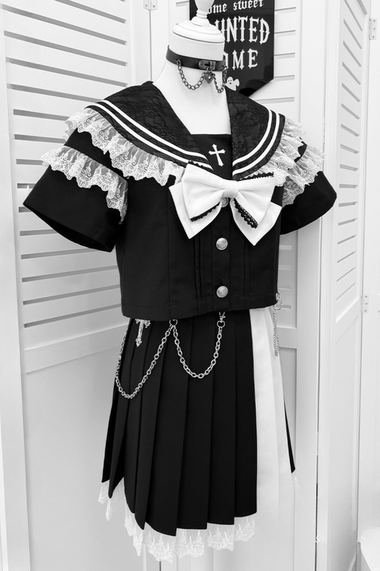 Dark Girl College Sailor Top + Skirt + Ribbon + Skirt Chain