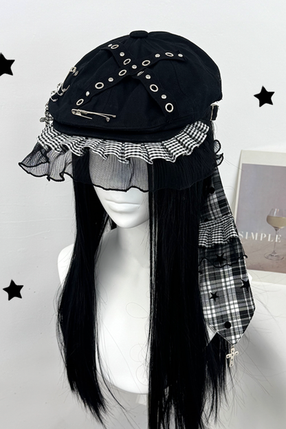 Cross Plaid Lace Bunny Hat
