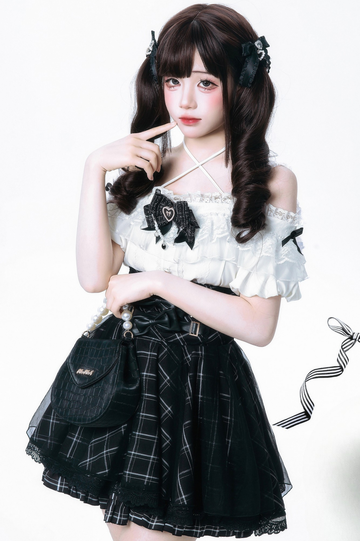 [pre-order] Sweet Dark Kawaii Ribbon Blouse + High Waist Skirt + Large Ribbon