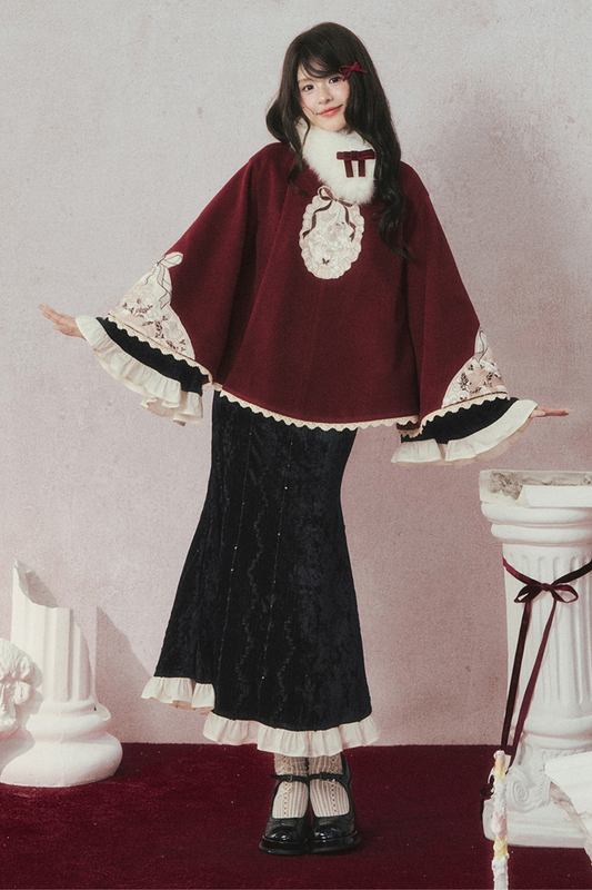 Retro Black Velvet Mermaid Tail Cheongsam Dress + Cape