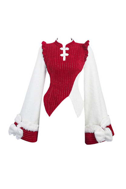 Fur Chinese-style Design Vest + Red Chinese-style Top + Flare Short Skirt