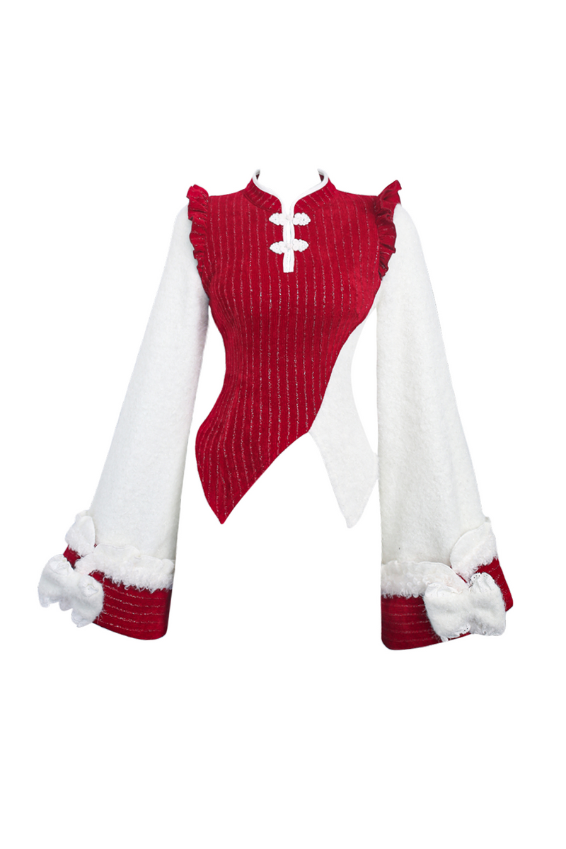Fur Chinese-style Design Vest + Red Chinese-style Top + Flare Short Skirt