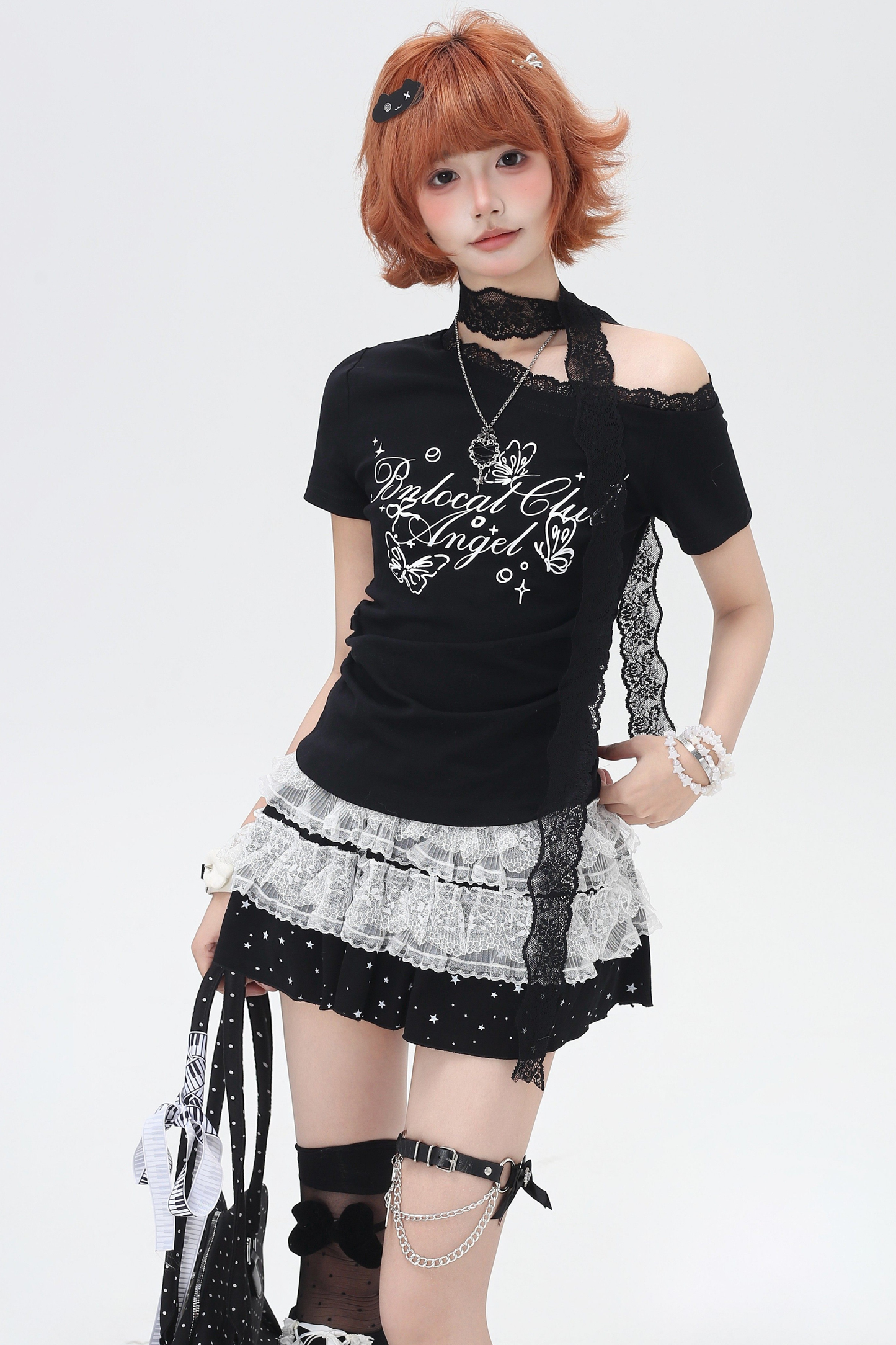 Lace Design One Shoulder Slim Top