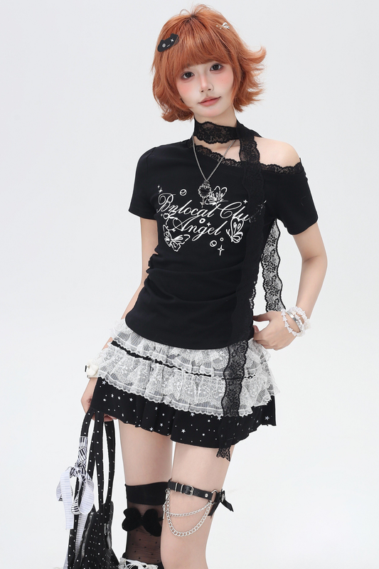 Lace Design One Shoulder Slim Top