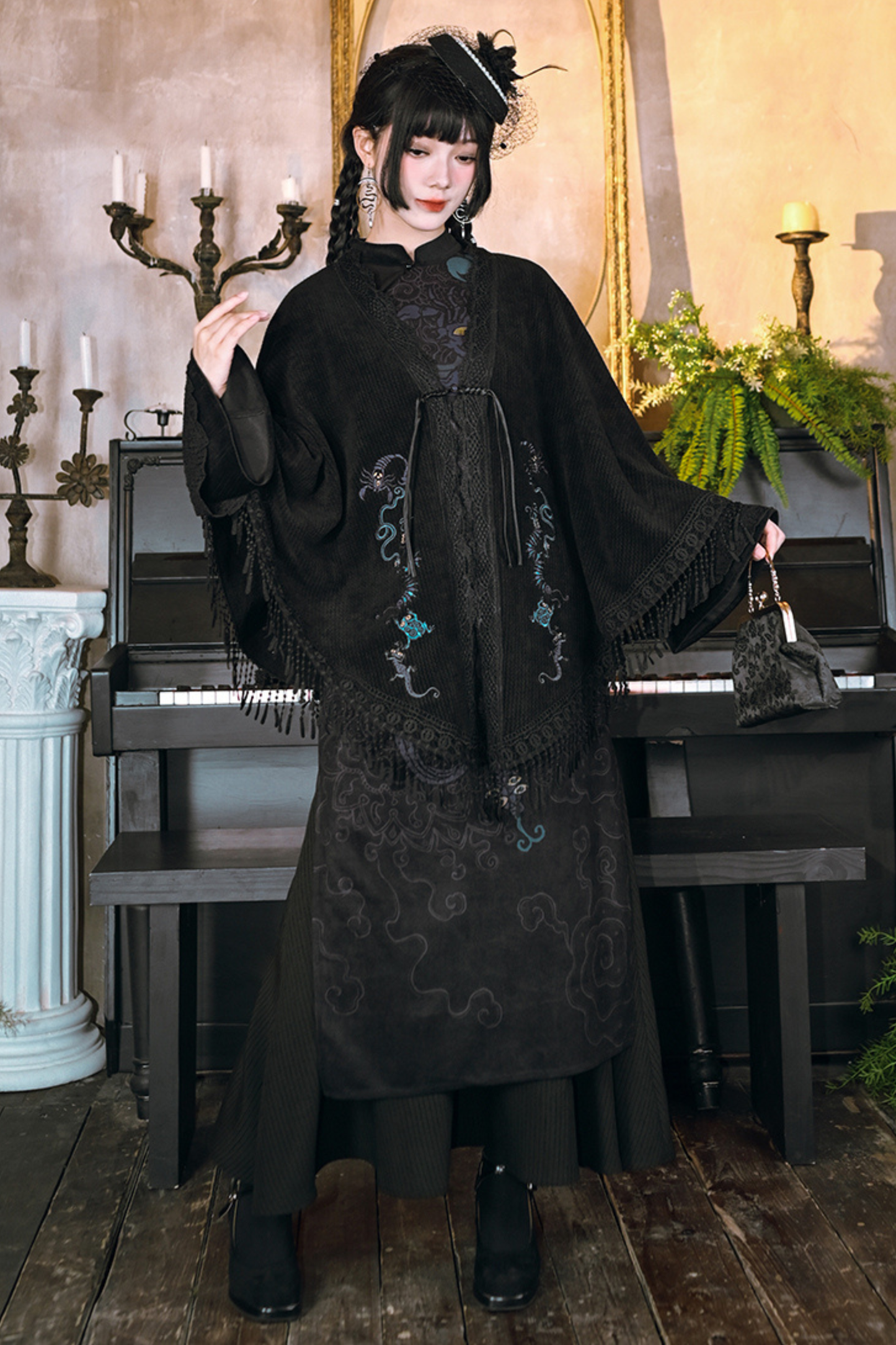 Dark Print Cheongsam Dress + Cape