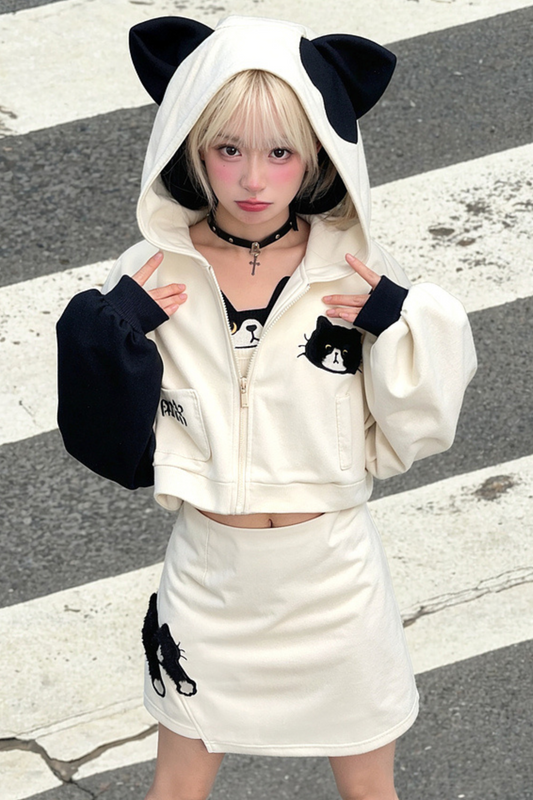 Cat Ear Hooded Short Parka + Camisole + Skirt
