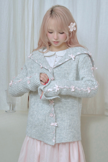 Lace-up Line Ribbon Knit Cardigan