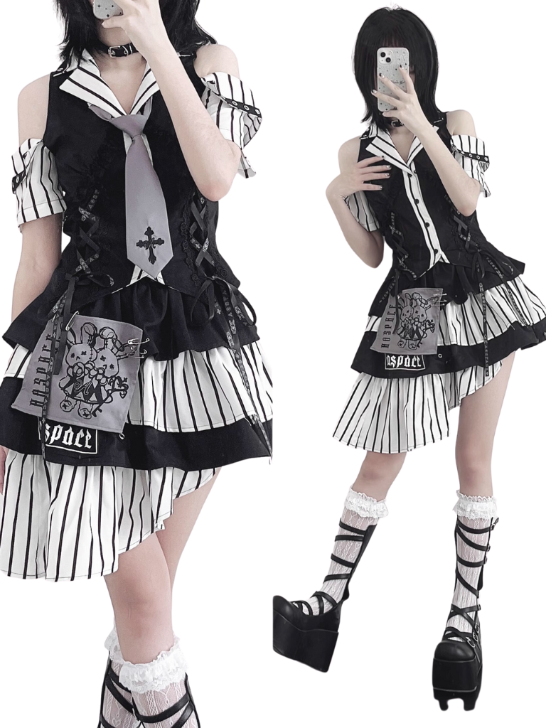 Code Rabbit Original Off Shoulder Striped Shirt + Asymmetric Striped Tiered Skirt + Cross Necktie