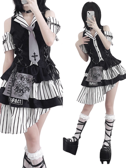 Code Rabbit Original Off Shoulder Striped Shirt + Asymmetric Striped Tiered Skirt + Cross Necktie