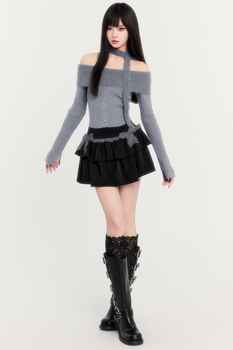 Off Shoulder Knit + Ribbon Tiered Skirt