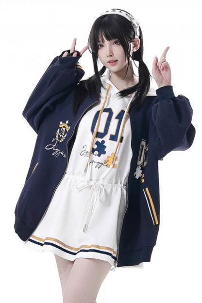 College Blue Jacket + Hoodie Dress + Pants + Sweat
