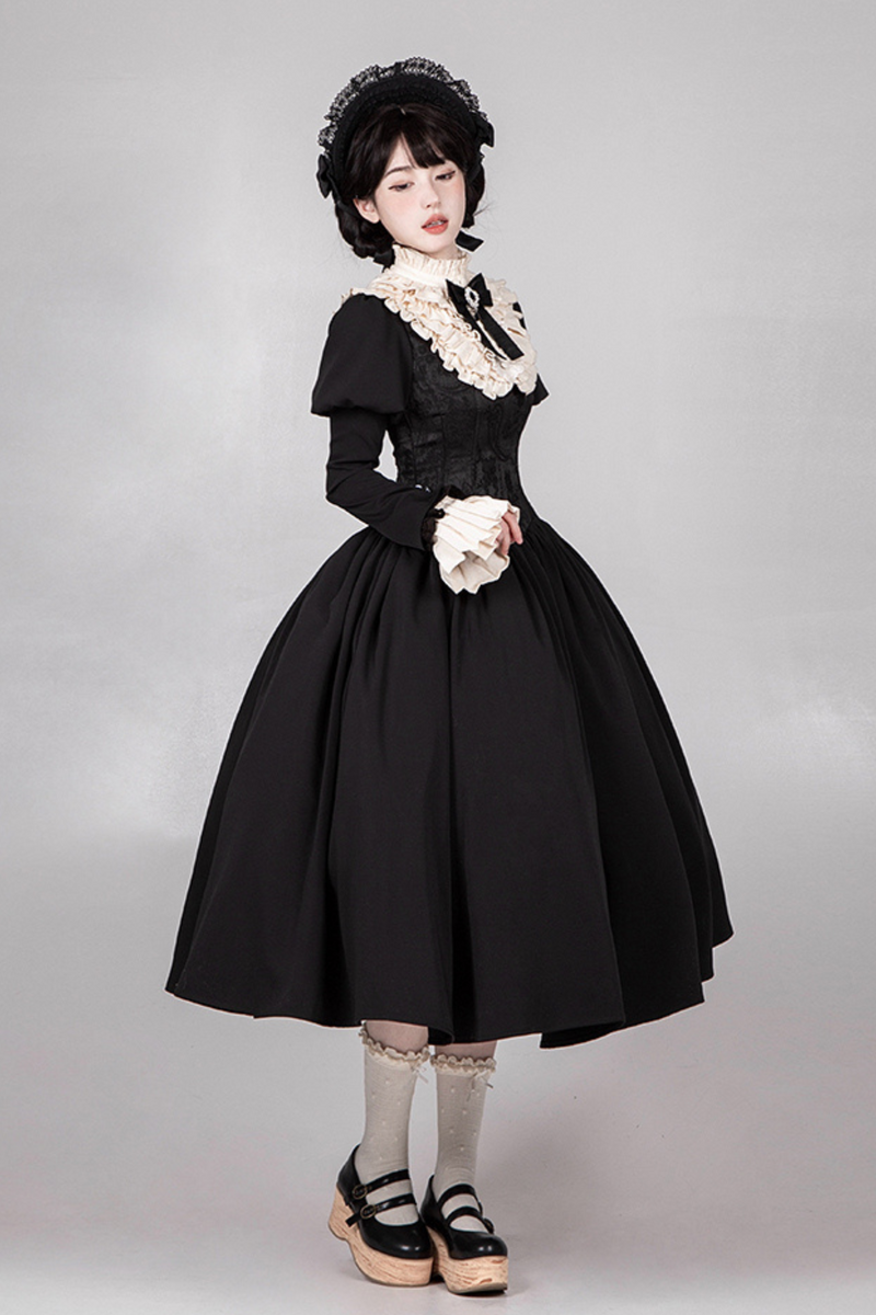 [pre-order] Dark Sweet Lolita Dress + Faux Collar + Necklace + Jacket + Ribbon + Sleeve + Fur Shawl