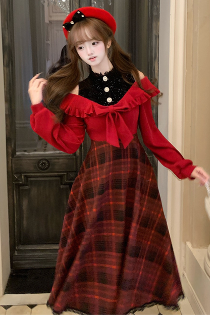 Retro Plaid Off Shoulder Dress