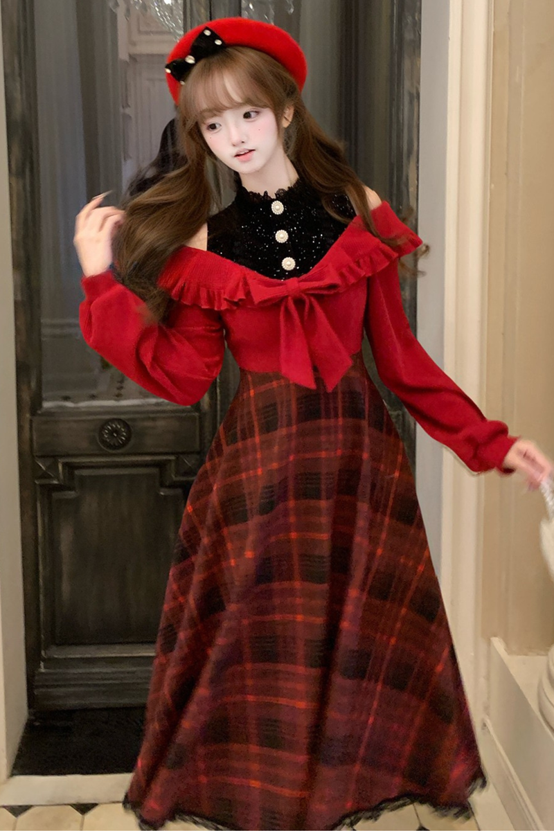 Retro Plaid Off Shoulder Dress