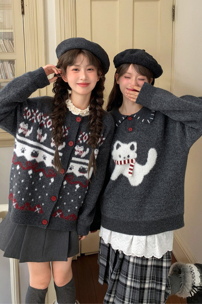 Cat Knit Sweater + Snowflake Cardigan
