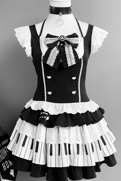 Dark Ruffle Top + Piano Skirt + Cat Sleeve