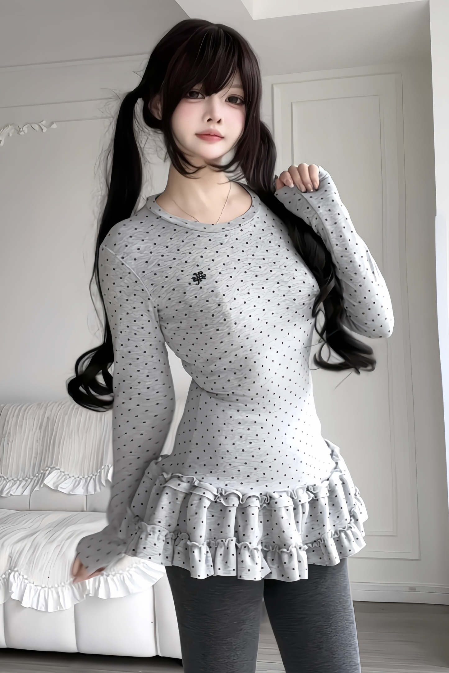 Polka Dot Slim Frill Top