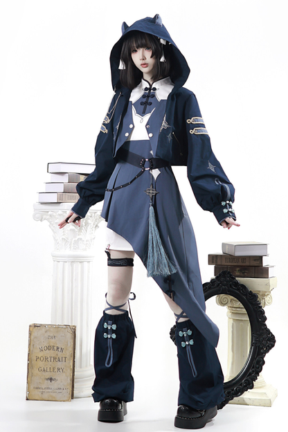 Subculture Cat Ear Hooded Jacket + Asymmetrical Dress + Leg Warmers + Ring