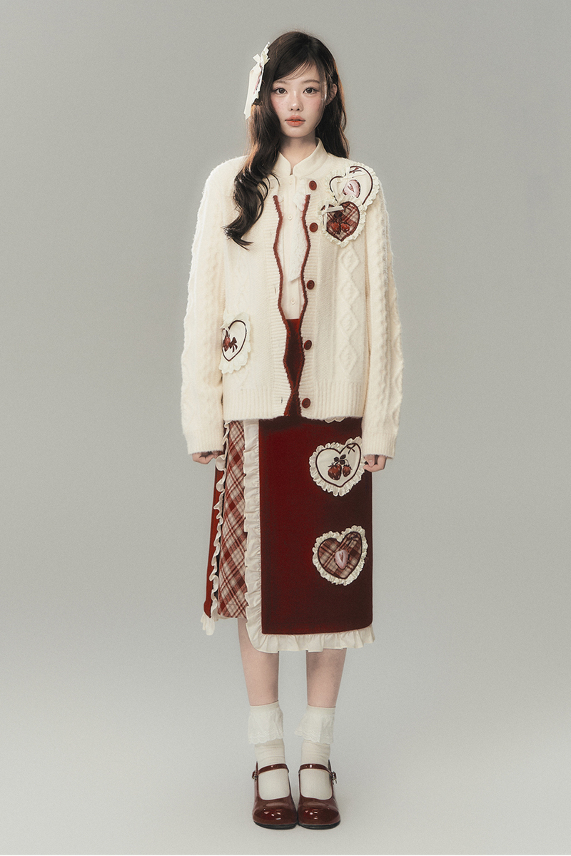 Strawberry Cream Cardigan + Skirt + High Neck Top + Hairpin