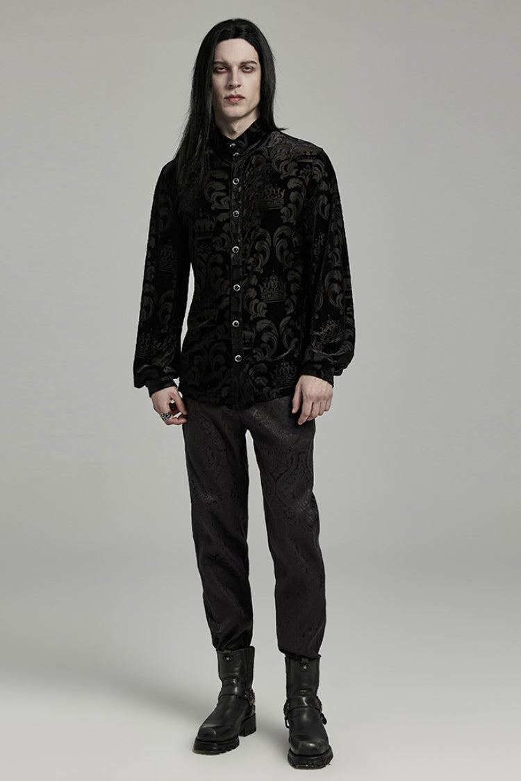 Black Stand Collar Puff Sleeves Jacquard Print Gothic Blouse