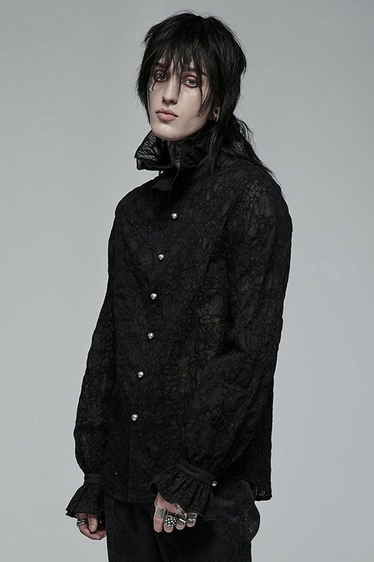 Black Gothic Long Sleeve Mesh Texture Fabric Lace Pleated Ruffle Tie Design Shirt
