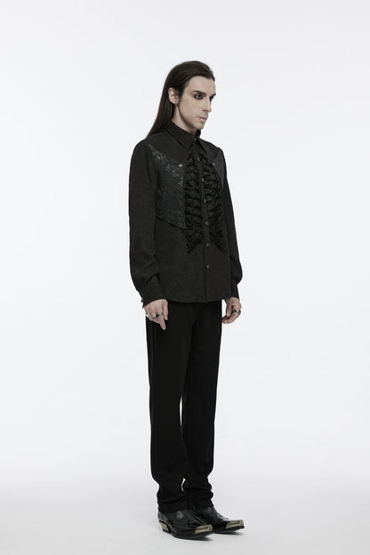 Black Lapel Collar Long Sleeves Jacquard Print Drawstring Lace-up Gothic Blouse