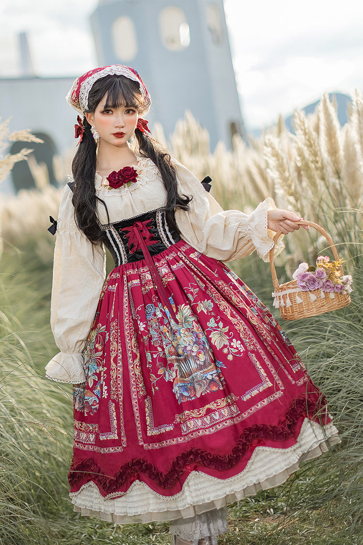 Wine Red [ode to Plenty] Berries and Birds Print Ruffle Bowknot Velvet Classic Lolita Breast Support Jsk Dress