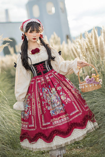 Wine Red [ode to Plenty] Berries and Birds Print Ruffle Bowknot Velvet Classic Lolita Breast Support Jsk Dress
