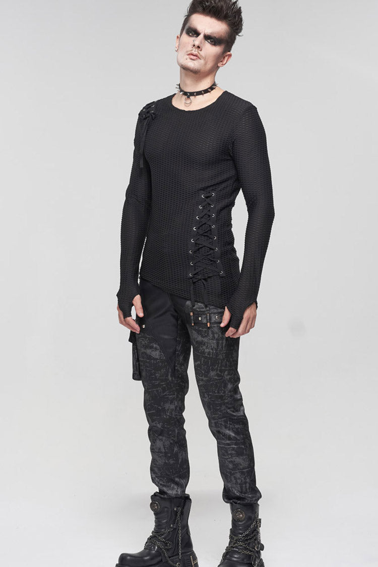 Black Gothic Asymmetry Drawstring Decoration Coarse Net Shirt