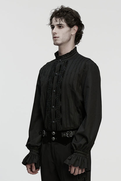 Black Stand Collar Long Sleeves Ruffle Embroidery Pleated Gothic Blouse