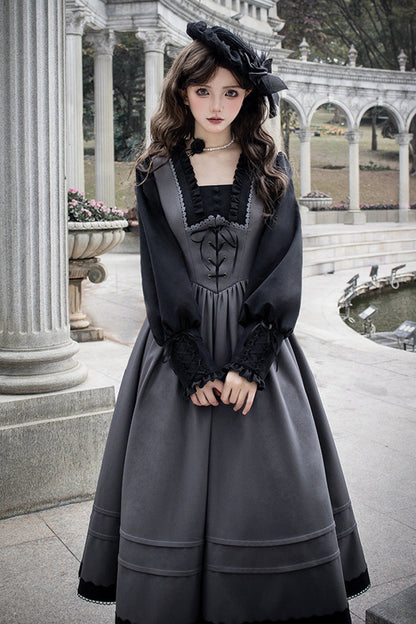 Grey [mist Chronicle] Square Collar Long Sleeves Bowknot Lace-up Color-block Fake Two Pieces Classic Lolita Dress