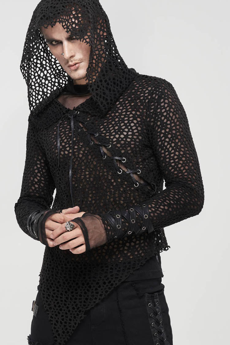 Black Punk Long Sleeve Elasticity Big Hole Mesh Drawstring Design Irregular Hooded Shirt