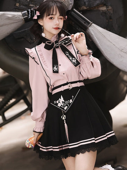 Embroidered Ribbon Ruffle Shoulder Blouse + Tassel Strap Embroidery Lace Skirt