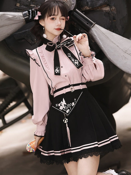 Embroidered Ribbon Ruffle Shoulder Blouse + Tassel Strap Embroidery Lace Skirt