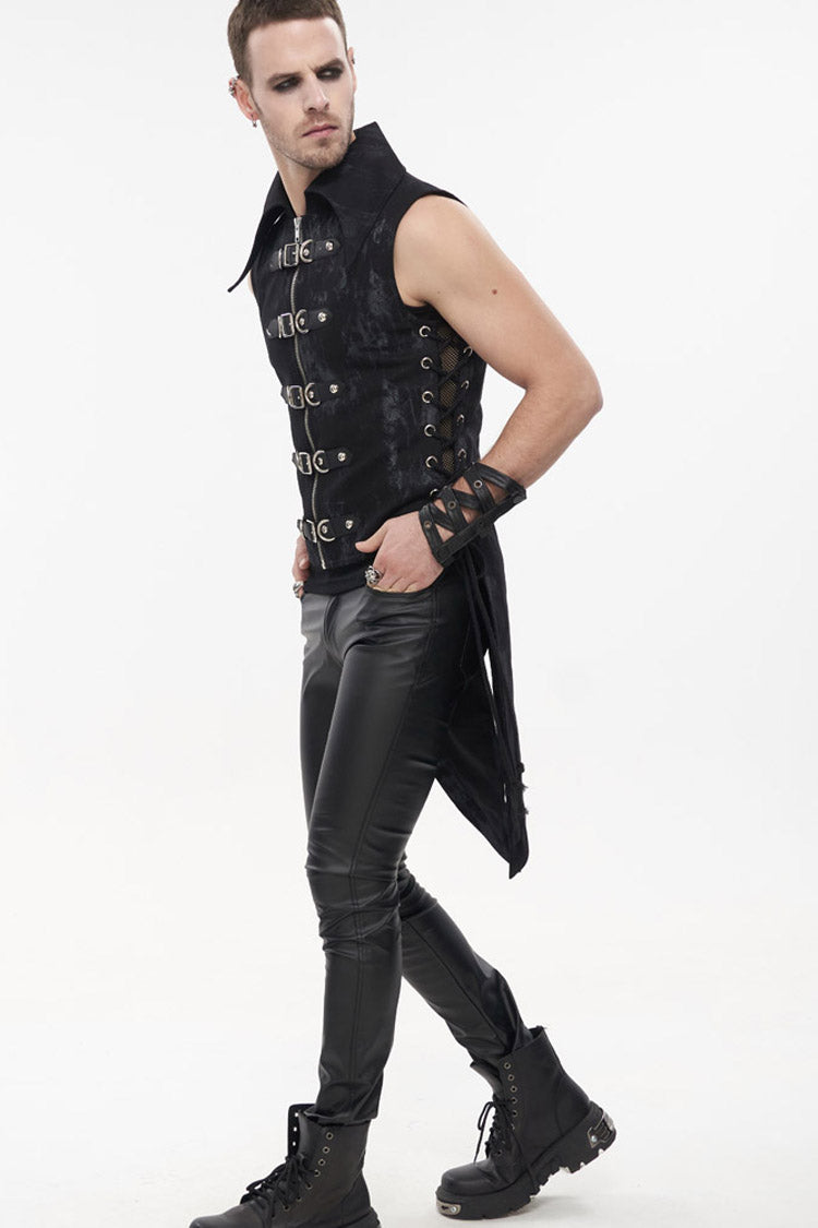 Black Punk Irregular Print D-shaped Buckle Decoration Waist Side Slits Tied Rope Tight Zipper Dovetail Vest