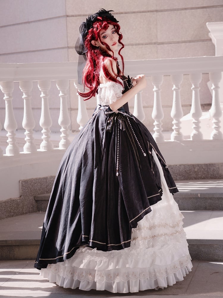 [pre-order Deadline: May 3] Black and White Corset Lace Ribbon Lolita Jsk Princess Dress + Complete Set