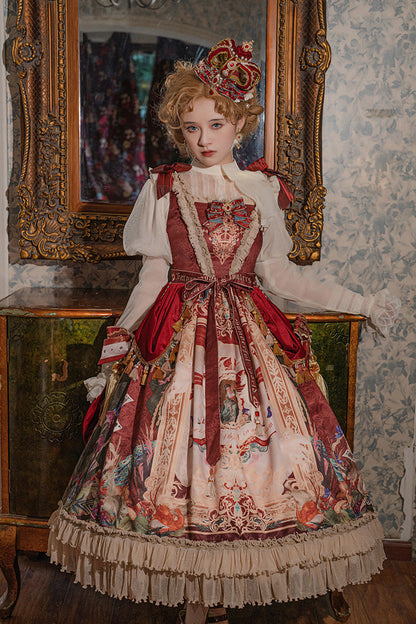 Red [kaleidoscope of Dreams] Sleeveless Double-layered Print Embroidery Bowknot Classic Lolita Jsk Dress