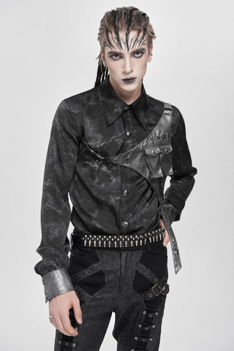 Black Long Sleeves Print Stitching Asymmetric Bullet Punk Blouse