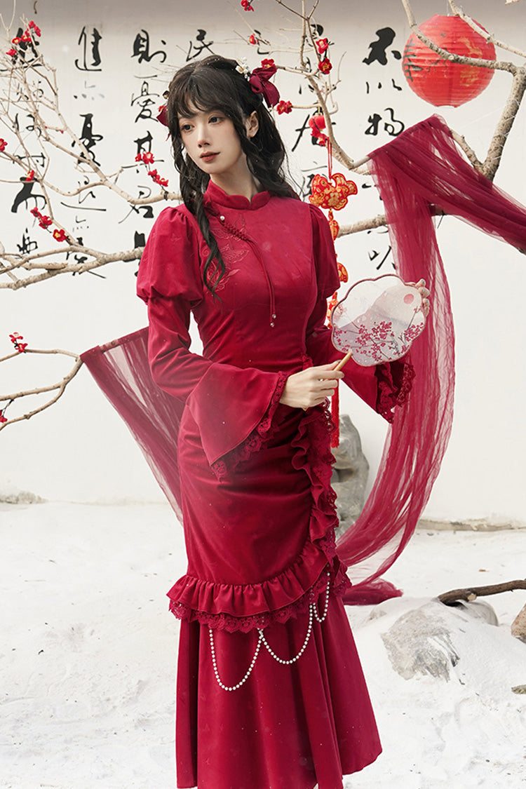 Red Long Sleeves Ruffle Embroidery Bowknot Lace Classic Chinese Style Lolita Dress