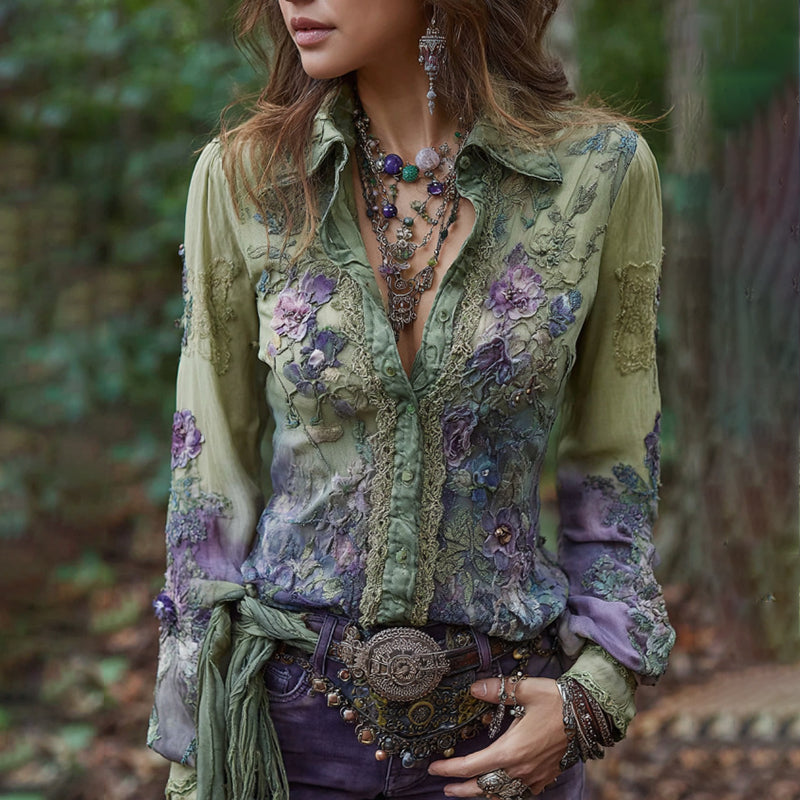 Vintage Purple Lavender And Floral Embroidered Linen Shirt elevenforest