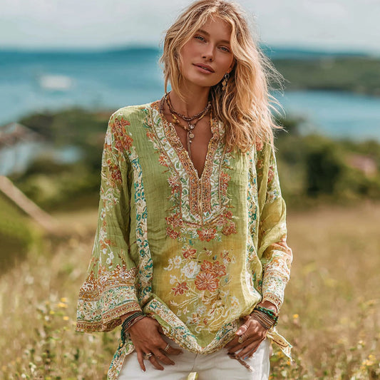 Women's Retro Ethnic Floral Pattern Linen V-neck Shirt elevenforest