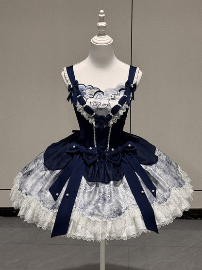 [pre-order Deadline: May 6] Dark Blue Moonlight Sea Lace Ribbon Layered Dress + Accessories
