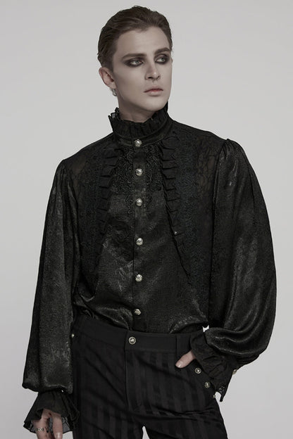 Black Stand Collar Long Puff Sleeves Jacquard Ruffle Embroidery Gothic Blouse