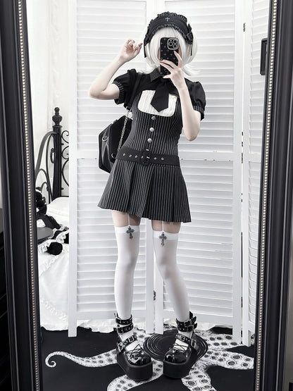 [pre-order Deadline: April 28] Black Pinstripe Tie Collar Short Jacket Dress Full Set + Jewel Casquette