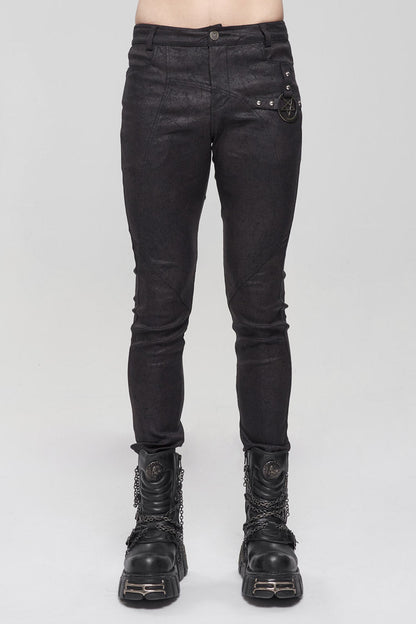 Black Basic Funds Metal Pentagram Crackle Punk Slim Pants