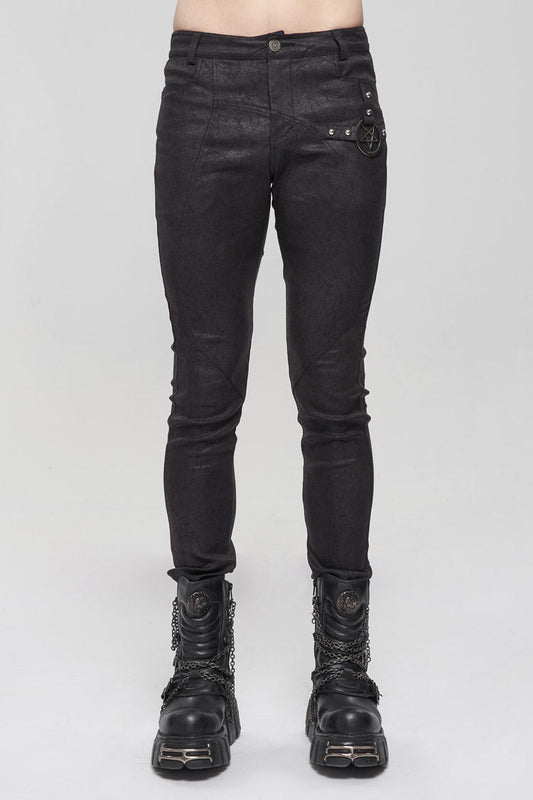 Black Basic Funds Metal Pentagram Crackle Punk Slim Pants