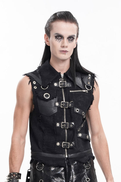 Black Lapel Collar Sleeveless Ripped Buckle Eyelets Gothic Vest
