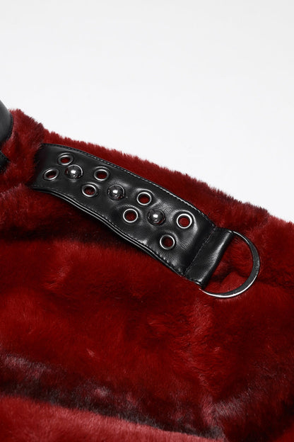 Red Stand Collar Long Sleeves Buckle Straps Faux Fur Punk Short Cloak
