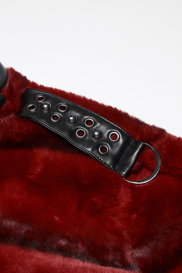 Red Stand Collar Long Sleeves Buckle Straps Faux Fur Punk Short Cloak